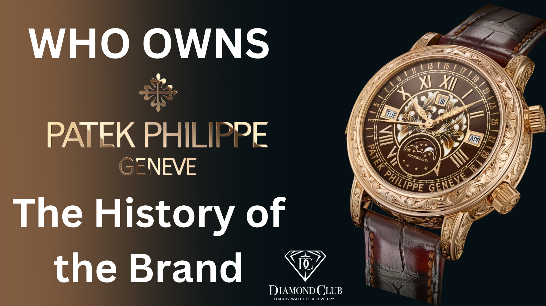 A digital blog thumbnail showing a Patek Philippe luxury watch with bold text asking “Who Owns Patek Philippe? The history of the brand”