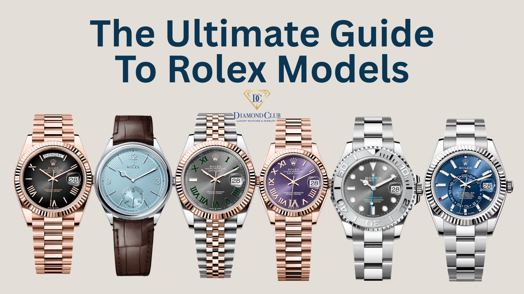 high-resolution image showcasing six iconic Rolex watches, including the Datejust, Submariner, Daytona, GMT-Master II, Sky-Dweller, and the new 2025 Land-Dweller, arranged on a neutral background to highlight design and detail.