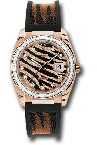 Rolex Pink Gold Datejust Royal Pink 36 Watch - Baguette Diamond Bezel - Black And Diamond Paved Dial - Galuchat - 116185 BBR