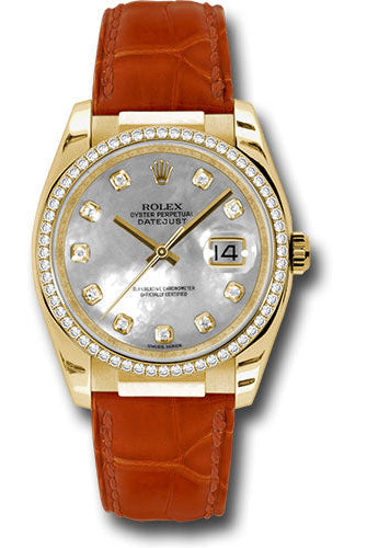 Rolex Yellow Gold Datejust 36 Watch - 60 Diamond Bezel - Mother-Of-Pearl Diamond Dial - Leather - 116188 md