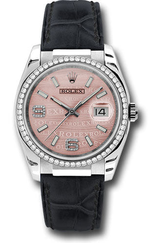 Rolex White Gold Datejust 36 Watch - 60 Diamond Bezel - Pink Wave Diamond 6 And 9 Arabic Dial - Leather - 116189 pwdal