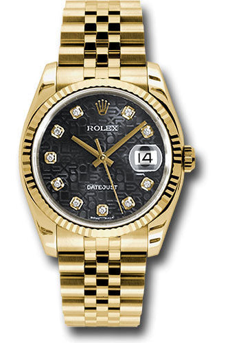 Rolex Yellow Gold Datejust 36 Watch - Fluted Bezel - Black Jubilee Diamond Dial - Jubilee Bracelet - 116238 bkjdj