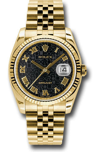 Rolex Yellow Gold Datejust 36 Watch - Fluted Bezel - Black Jubilee Roman Dial - Jubilee Bracelet - 116238 bkjrj