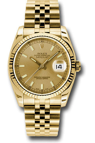 Rolex Yellow Gold Datejust 36 Watch - Fluted Bezel - Champagne Index Dial - Jubilee Bracelet - 116238 chsj