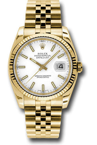 Rolex Yellow Gold Datejust 36 Watch - Fluted Bezel - White Index Dial - Jubilee Bracelet - 116238 wsj