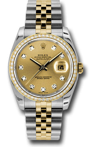 Rolex Steel and Yellow Gold Rolesor Datejust 36 Watch - 52 Brilliant-Cut Diamond Bezel - Champagne Diamond Dial - Jubilee