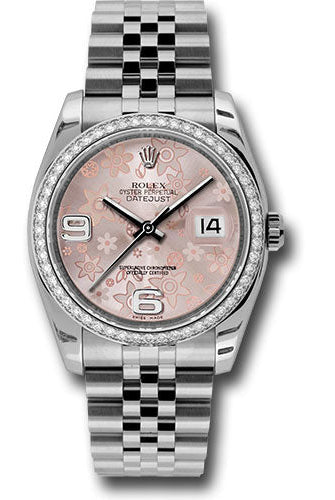 Rolex Steel and White Gold Datejust 36 Watch - 52 Diamond Bezel - Pink Floral Arabic Dial - Jubilee Bracelet - 116244 pfaj