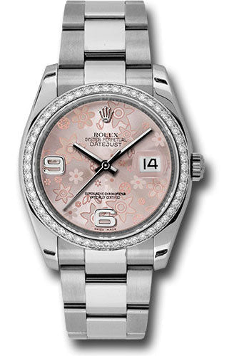 Rolex Steel and White Gold Datejust 36 Watch - 52 Diamond Bezel - Pink Floral Arabic Dial - Oyster Bracelet - 116244 pfao