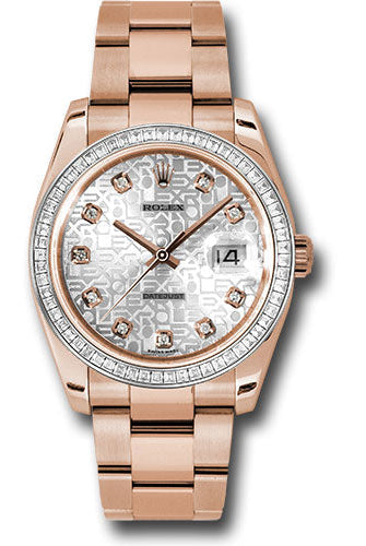 Rolex Everose Gold Datejust 36 Watch - Baguette Diamond Bezel - Silver Jublilee Diamond Dial - Oyster Bracelet - 116285BBR