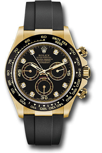 Rolex Yellow Gold Cosmograph Daytona 40 Watch - Black Diamond Dial - Black Oysterflex Strap - 116518LN bkdof