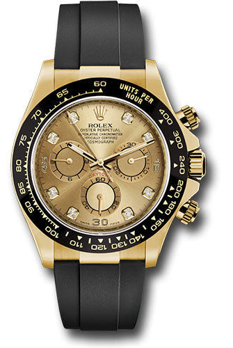 Rolex Yellow Gold Cosmograph Daytona 40 Watch - Champagne Diamond Dial - Black Oysterflex Strap - 116518LN chdof
