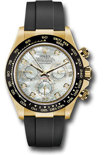 Rolex Yellow Gold Cosmograph Daytona 40 Watch - White Mother-Of-Pearl Diamond Dial - Black Oysterflex Strap - 116518LN mdof