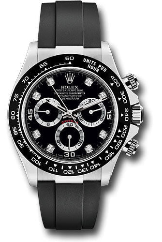 Rolex White Gold Cosmograph Daytona 40 Watch - Black Diamond Dial - Black Oysterflex Strap - 116519LN bkdof