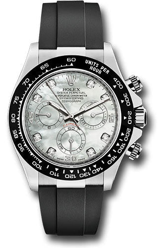 Rolex White Gold Cosmograph Daytona 40 Watch - Mother-of-Pearl Diamond Dial - Black Oysterflex Strap - 116519LN mdof