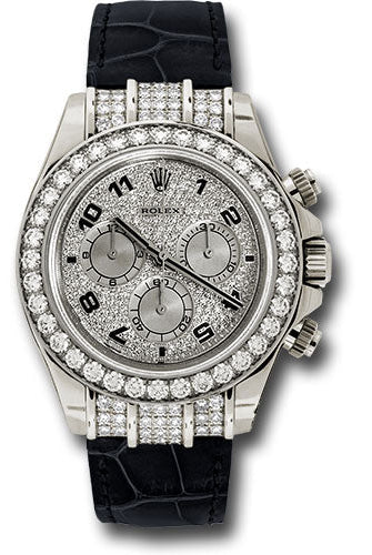 Rolex White Gold Cosmograph Daytona 40 Watch - Pave Diamond Enamel Arabic Dial - Black Leather Strap - 116599RBR
