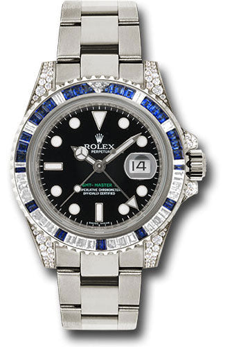 Rolex White Gold GMT-Master II 40 Watch - Diamond And Blue Sapphire Bezel - Black Dial - Oyster Bracelet - 116759SA