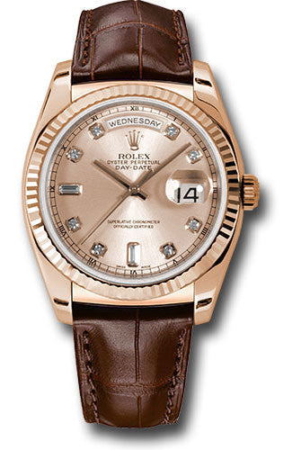 Rolex Everose Gold Day-Date 36 Watch - Fluted Bezel - Pink Diamond Dial - Brown Leather - 118135 pdl