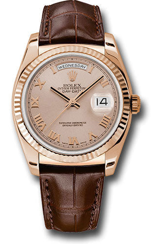 Rolex Everose Gold Day-Date 36 Watch - Fluted Bezel - Pink Roman Dial - Brown Leather - 118135 prl