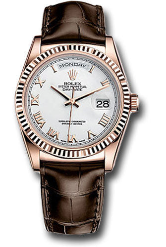 Rolex Everose Gold Day-Date 36 Watch - Fluted Bezel - White Roman Dial - Brown Leather - 118135 wrbr