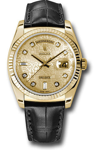 Rolex Yellow Gold Day-Date 36 Watch - Fluted Bezel - Champagne Jubilee Diamond Dial - Black Leather - 118138 chjdl