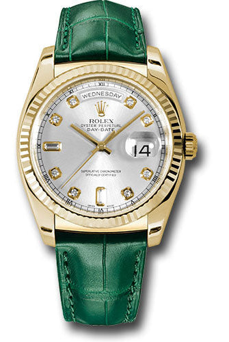 Rolex Yellow Gold Day-Date 36 Watch - Fluted Bezel - Silver Diamond Dial - Green Leather - 118138 sdl