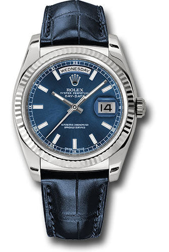 Rolex White Gold Day-Date 36 Watch - Fluted Bezel - Blue Index Dial - Blue Leather - 118139 bll