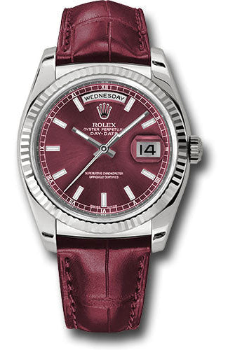 Rolex White Gold Day-Date 36 Watch - Fluted Bezel - Cherry Index Dial - Cherry Leather - 118139 chl