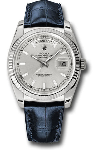 Rolex White Gold Day-Date 36 Watch - Fluted Bezel - Silver Index Dial - Blue Leather - 118139 sibl