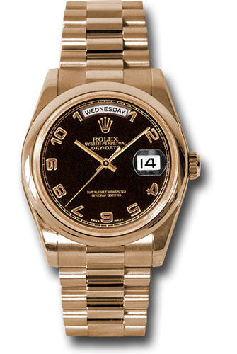 Rolex Pink Gold Day-Date 36 Watch - Domed Bezel - Black Arabic Dial - President Bracelet - 118205 bkap