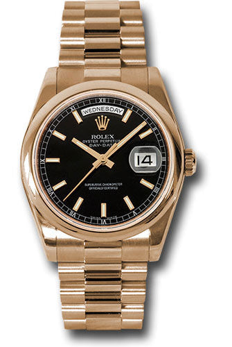 Rolex Pink Gold Day-Date 36 Watch - Domed Bezel - Black Index Dial - President Bracelet - 118205 bksp