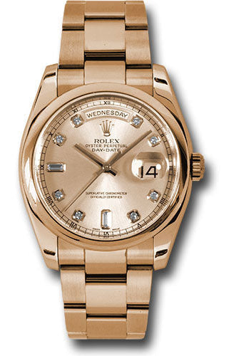 Rolex Pink Gold Day-Date 36 Watch - Domed Bezel - Pink Champagne Diamond Dial - Oyster Bracelet - 118205 chdo