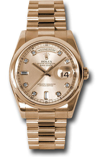 Rolex Pink Gold Day-Date 36 Watch - Domed Bezel - Pink Champagne Diamond Dial - President Bracelet - 118205 chdp