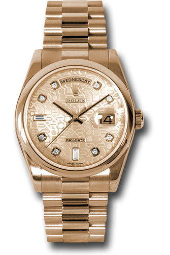 Rolex Pink Gold Day-Date 36 Watch - Domed Bezel - Pink Champagne Jubilee Diamond Dial - President Bracelet - 118205 chjdp