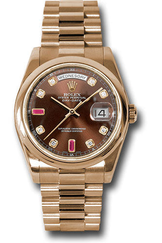 Rolex Everose Gold Day-Date 36 Watch - Domed Bezel - Chocolate Diamond And Ruby Dial - President Bracelet - 118205 chodrp