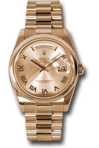 Rolex Pink Gold Day-Date 36 Watch - Domed Bezel - Pink Champagne Roman Dial - President Bracelet - 118205 chrp
