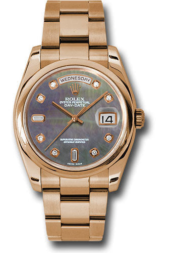 Rolex Pink Gold Day-Date 36 Watch - Domed Bezel - Dark Mother-Of-Pearl Diamond Dial - Oyster Bracelet - 118205 dkmdo