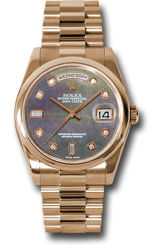 Rolex Pink Gold Day-Date 36 Watch - Domed Bezel - Dark Mother-Of-Pearl Diamond Dial - President Bracelet - 118205 dkmdp