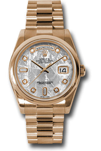 Rolex Pink Gold Day-Date 36 Watch - Domed Bezel - Meteorite Diamond Dial - President Bracelet - 118205 mtdp