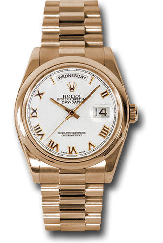 Rolex Pink Gold Day-Date 36 Watch - Domed Bezel - White Roman Dial - President Bracelet - 118205 wrp