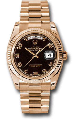 Rolex Pink Gold Day-Date 36 Watch - Fluted Bezel - Black Arabic Dial - President Bracelet - 118235 bkap