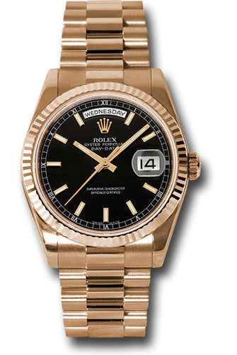 Rolex Pink Gold Day-Date 36 Watch - Fluted Bezel - Black Index Dial - President Bracelet - 118235 bksp