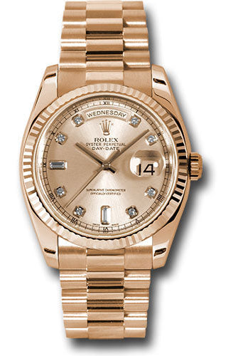 Rolex Pink Gold Day-Date 36 Watch - Fluted Bezel - Pink Champagne Diamond Dial - President Bracelet - 118235 chdp