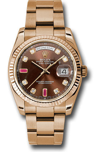 Rolex Everose Gold Day-Date 36 Watch - Fluted Bezel - Chocolate Diamond And Ruby Dial - Oyster Bracelet - 118235 chodro