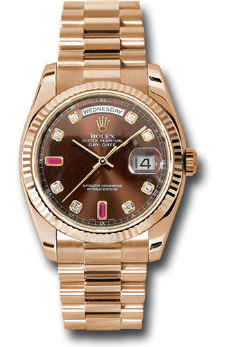 Rolex Everose Gold Day-Date 36 Watch - Fluted Bezel - Chocolate Diamond And Ruby Dial - President Bracelet - 118235 chodrp