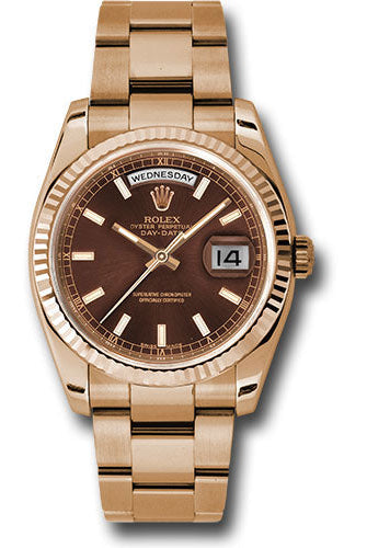 Rolex Everose Gold Day-Date 36 Watch - Fluted Bezel - Chocolate Index Dial - Oyster Bracelet - 118235 choio