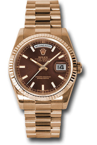 Rolex Everose Gold Day-Date 36 Watch - Fluted Bezel - Chocolate Index Dial - President Bracelet - 118235 choip