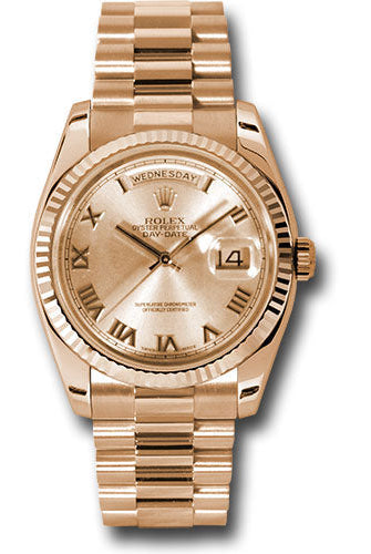 Rolex Pink Gold Day-Date 36 Watch - Fluted Bezel - Champagne Roman Dial - President Bracelet - 118235 chrp