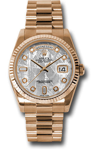 Rolex Pink Gold Day-Date 36 Watch - Fluted Bezel - Meteorite Diamond Dial - President Bracelet - 118235 mtdp