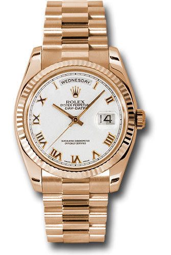 Rolex Pink Gold Day-Date 36 Watch - Fluted Bezel - White Roman Dial - President Bracelet - 118235 wrp
