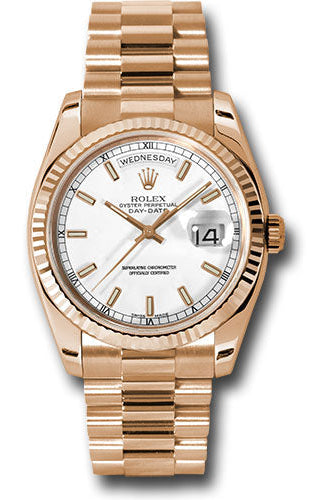 Rolex Pink Gold Day-Date 36 Watch - Fluted Bezel - White Index Dial - President Bracelet - 118235 wsp
